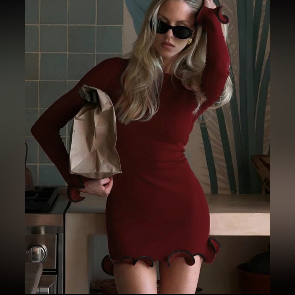 Burgundy bodycon flounce sleeve sweater dress